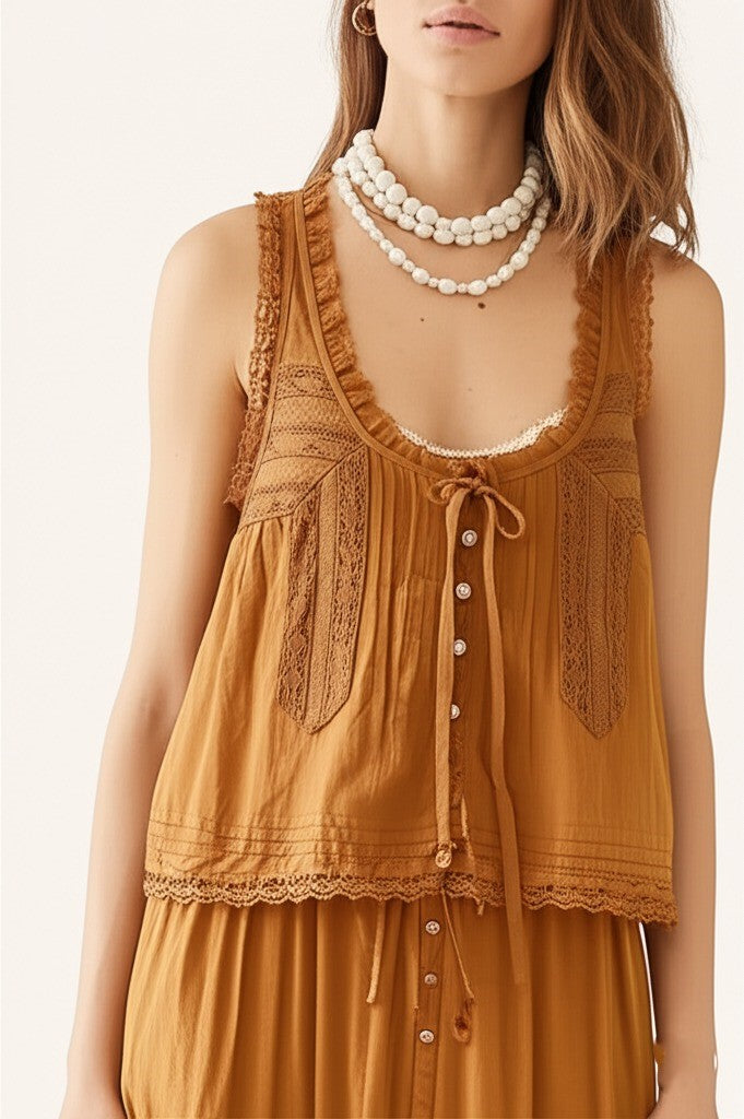 Lace-Trim Cotton Two-Piece Set with Tank Top and Wide-Leg Drawstring Pants