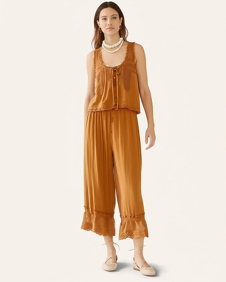 Lace-Trim Cotton Two-Piece Set with Tank Top and Wide-Leg Drawstring Pants
