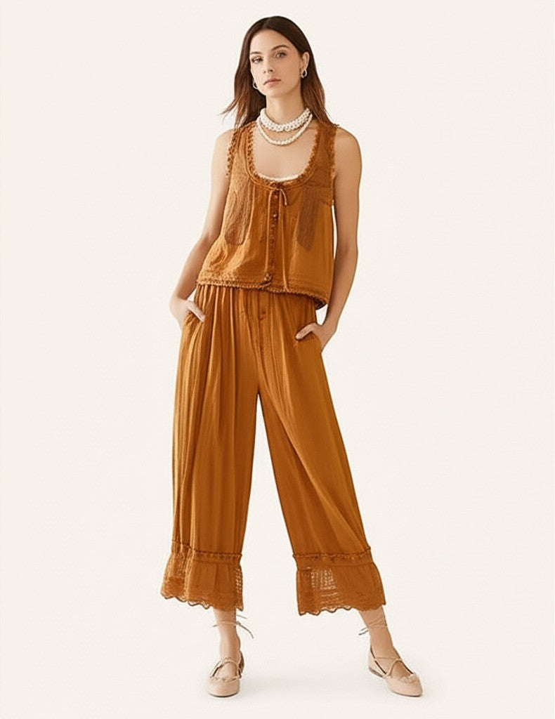Lace-Trim Cotton Two-Piece Set with Tank Top and Wide-Leg Drawstring Pants