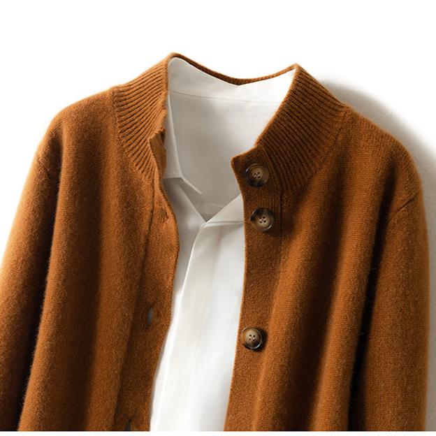 Cardigan in Cashmere Wool Blend with Statement Buttons and Flattering Half-High Neckline