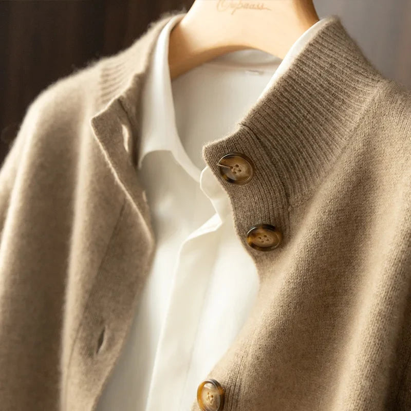 Cardigan in Cashmere Wool Blend with Statement Buttons and Flattering Half-High Neckline