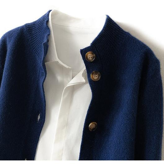 Cardigan in Cashmere Wool Blend with Statement Buttons and Flattering Half-High Neckline