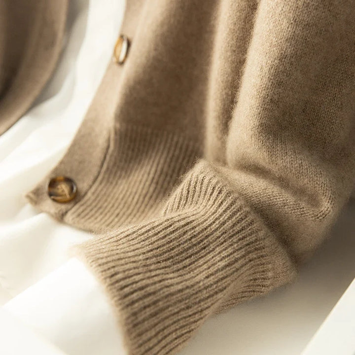 Cardigan in Cashmere Wool Blend with Statement Buttons and Flattering Half-High Neckline