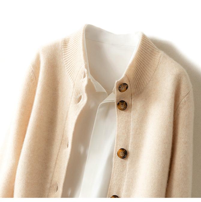 Cardigan in Cashmere Wool Blend with Statement Buttons and Flattering Half-High Neckline