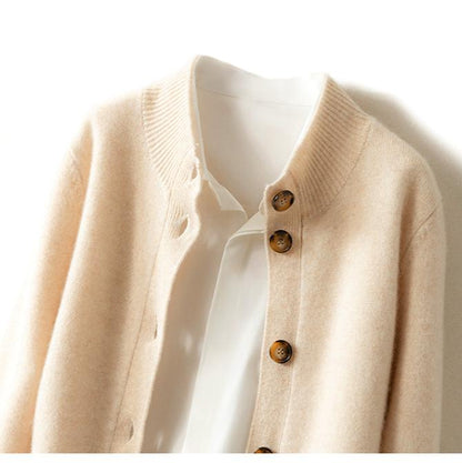 Cardigan in Cashmere Wool Blend with Statement Buttons and Flattering Half-High Neckline