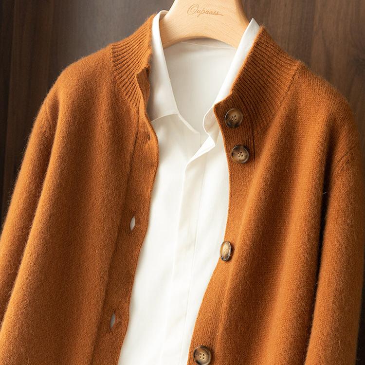 Cardigan in Cashmere Wool Blend with Statement Buttons and Flattering Half-High Neckline