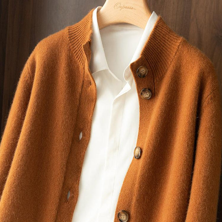 Cardigan in Cashmere Wool Blend with Statement Buttons and Flattering Half-High Neckline