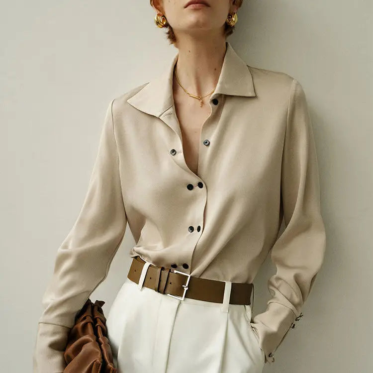 Blouse with Asymmetrical Button Design and Soft Flowy Drape in Lightweight White Fabric