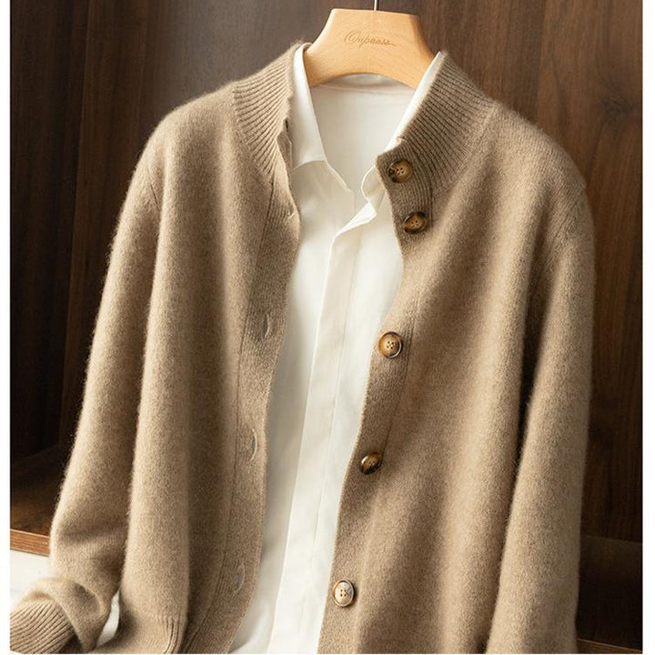 Cardigan in Cashmere Wool Blend with Statement Buttons and Flattering Half-High Neckline