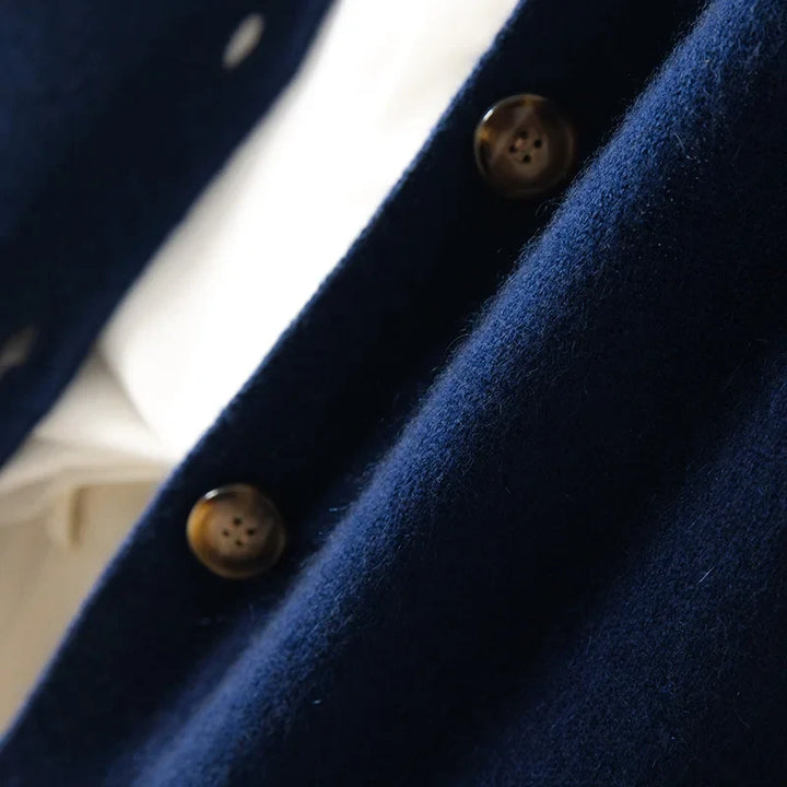 Cardigan in Cashmere Wool Blend with Statement Buttons and Flattering Half-High Neckline