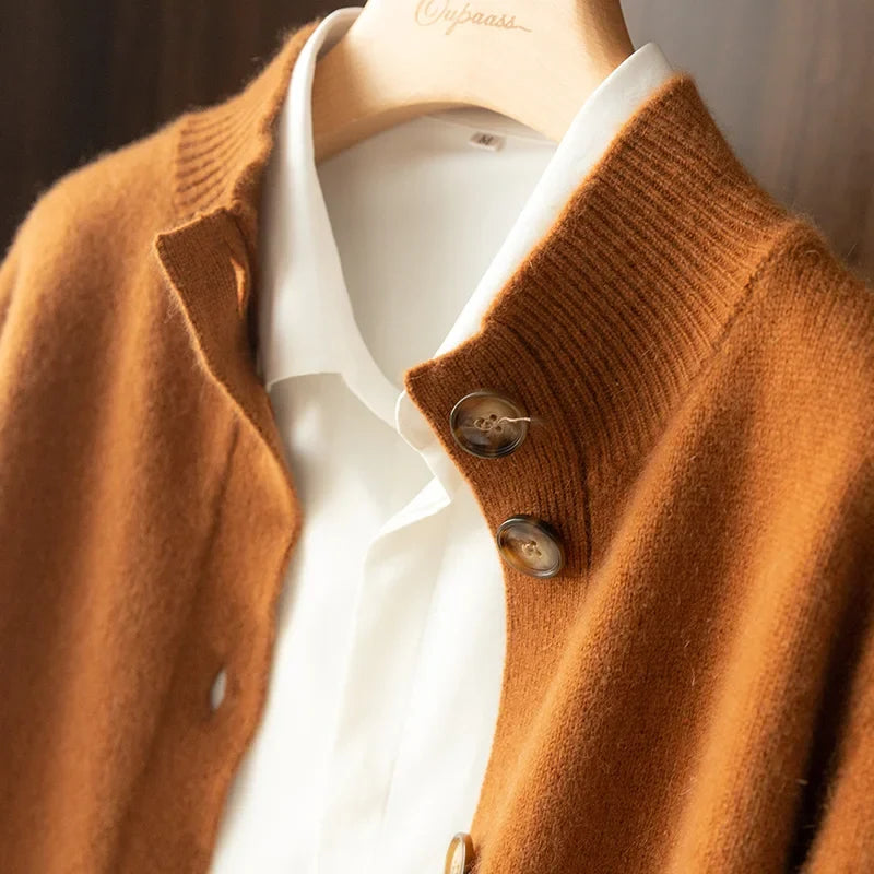 Cardigan in Cashmere Wool Blend with Statement Buttons and Flattering Half-High Neckline
