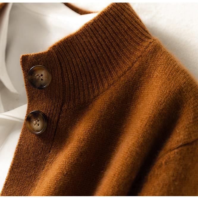 Cardigan in Cashmere Wool Blend with Statement Buttons and Flattering Half-High Neckline