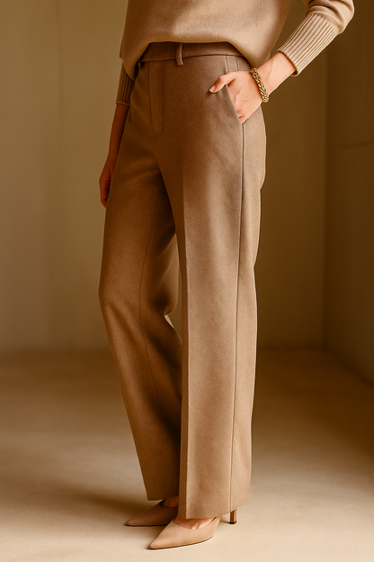 Trousers in Wool Blend, Straight-Leg High-Waist Fit, Non-Stretch, Camel