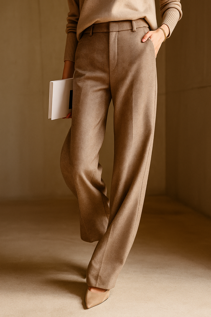 Trousers in Wool Blend, Straight-Leg High-Waist Fit, Non-Stretch, Camel
