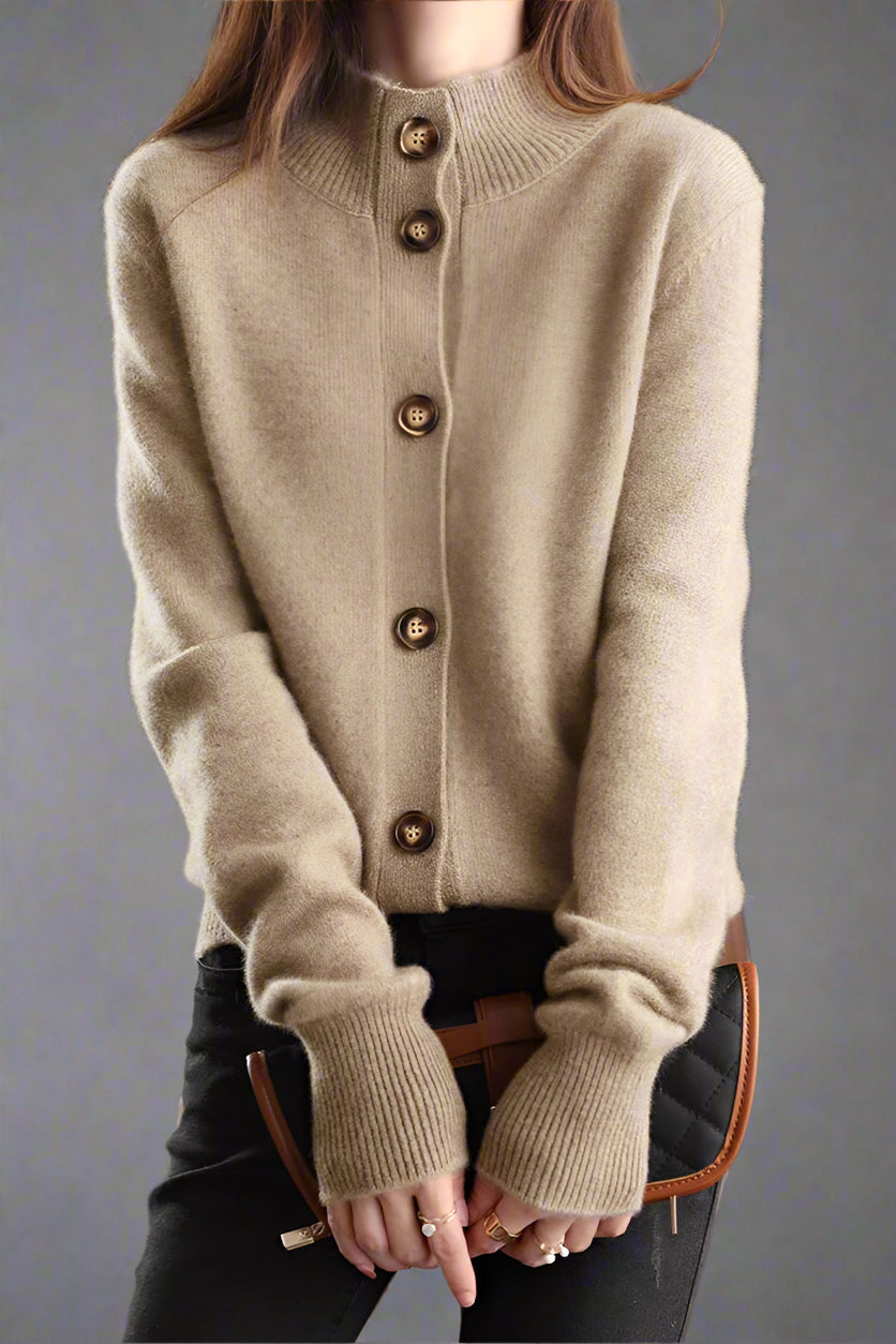 Cardigan in Cashmere Wool Blend with Statement Buttons and Flattering Half-High Neckline