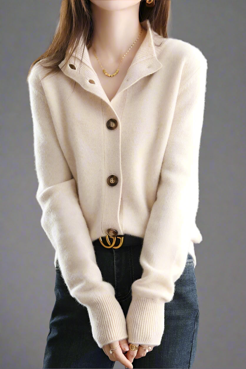 Cardigan in Cashmere Wool Blend with Statement Buttons and Flattering Half-High Neckline