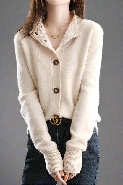 Cardigan in Cashmere Wool Blend with Statement Buttons and Flattering Half-High Neckline