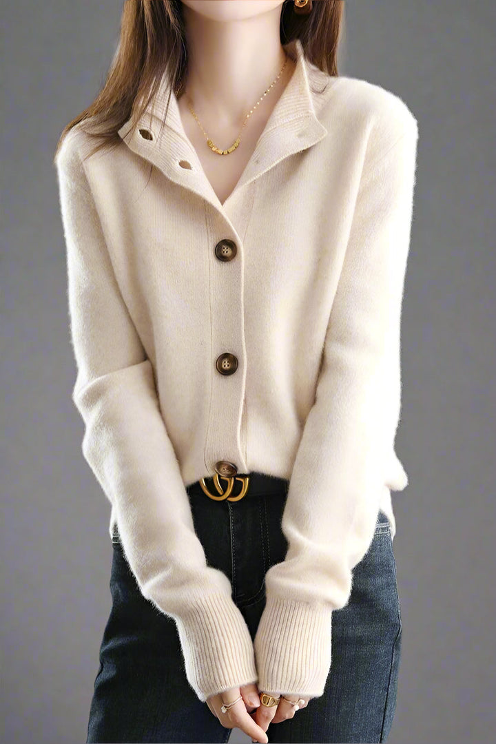 Cardigan in Cashmere Wool Blend with Statement Buttons and Flattering Half-High Neckline