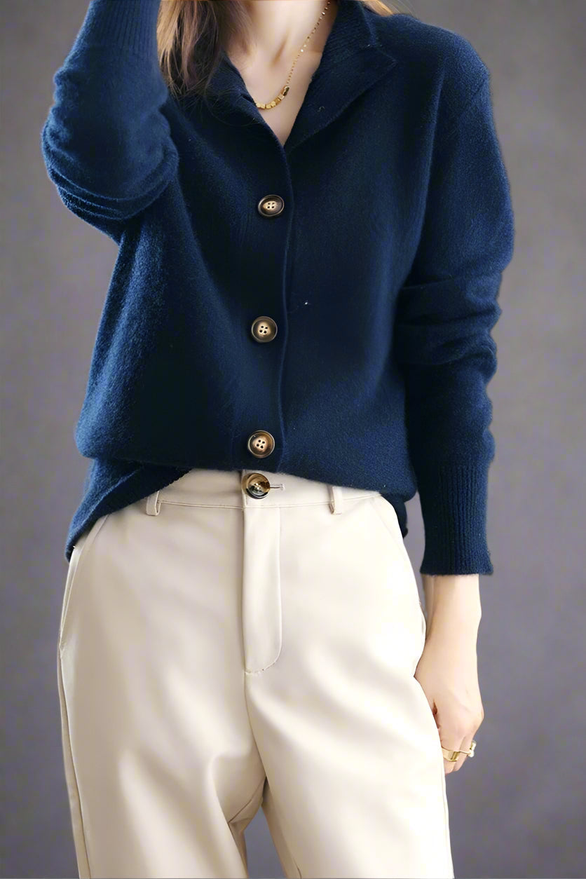 Cardigan in Cashmere Wool Blend with Statement Buttons and Flattering Half-High Neckline
