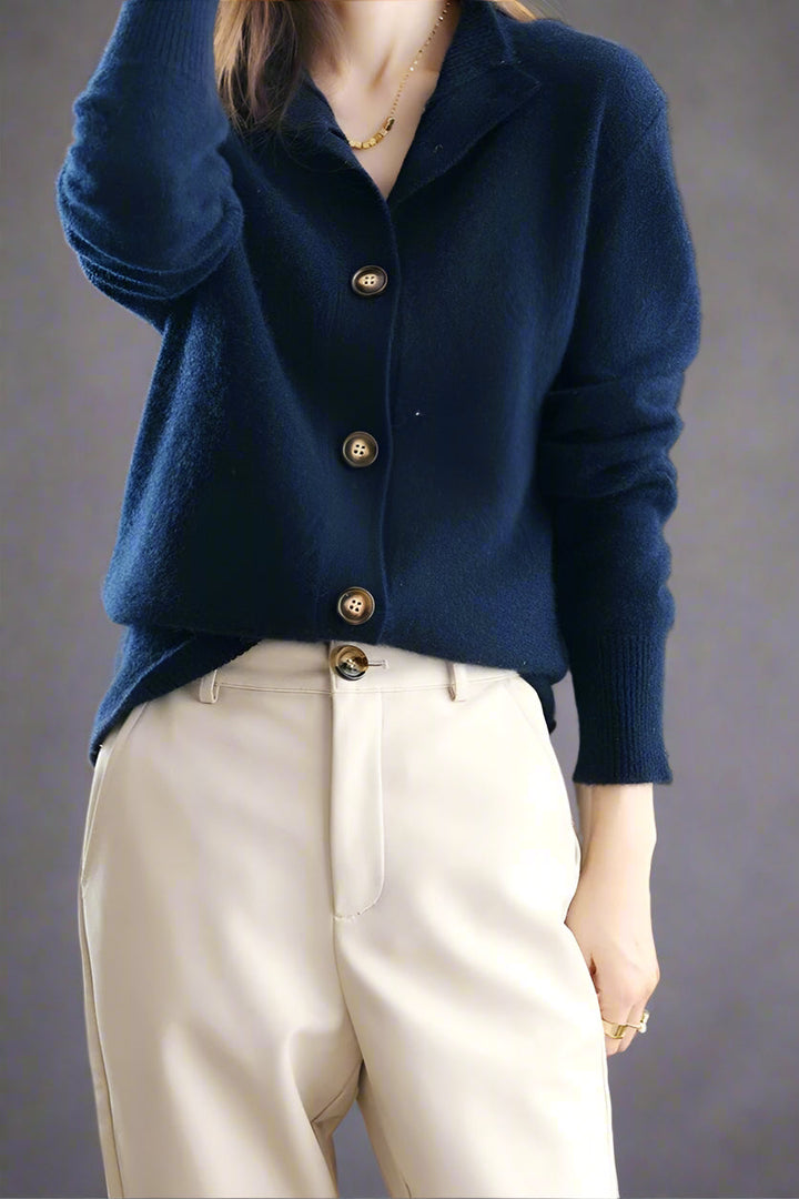 Cardigan in Cashmere Wool Blend with Statement Buttons and Flattering Half-High Neckline