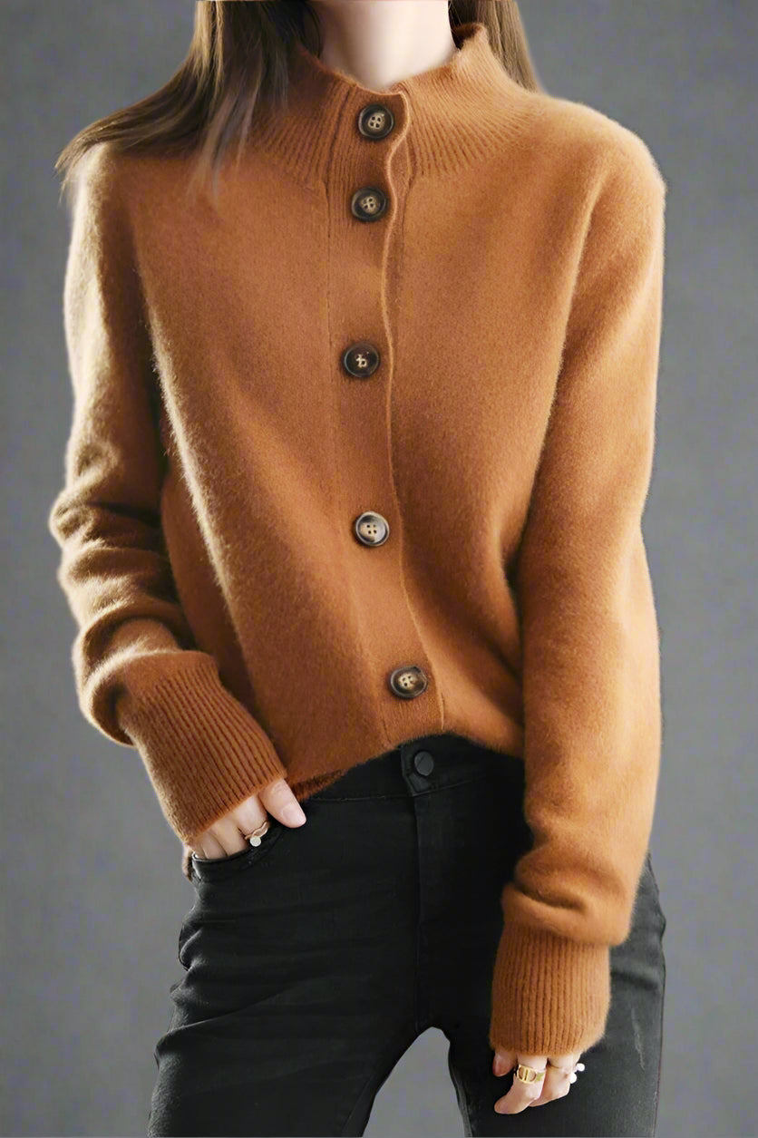 Cardigan in Cashmere Wool Blend with Statement Buttons and Flattering Half-High Neckline