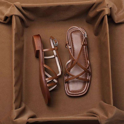 Leather Strap Sandals with Cushioned Footbed, Adjustable Gold Buckle and Low Stacked Heel