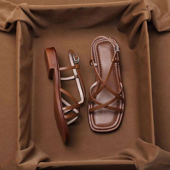 Leather Strap Sandals with Cushioned Footbed, Adjustable Gold Buckle and Low Stacked Heel