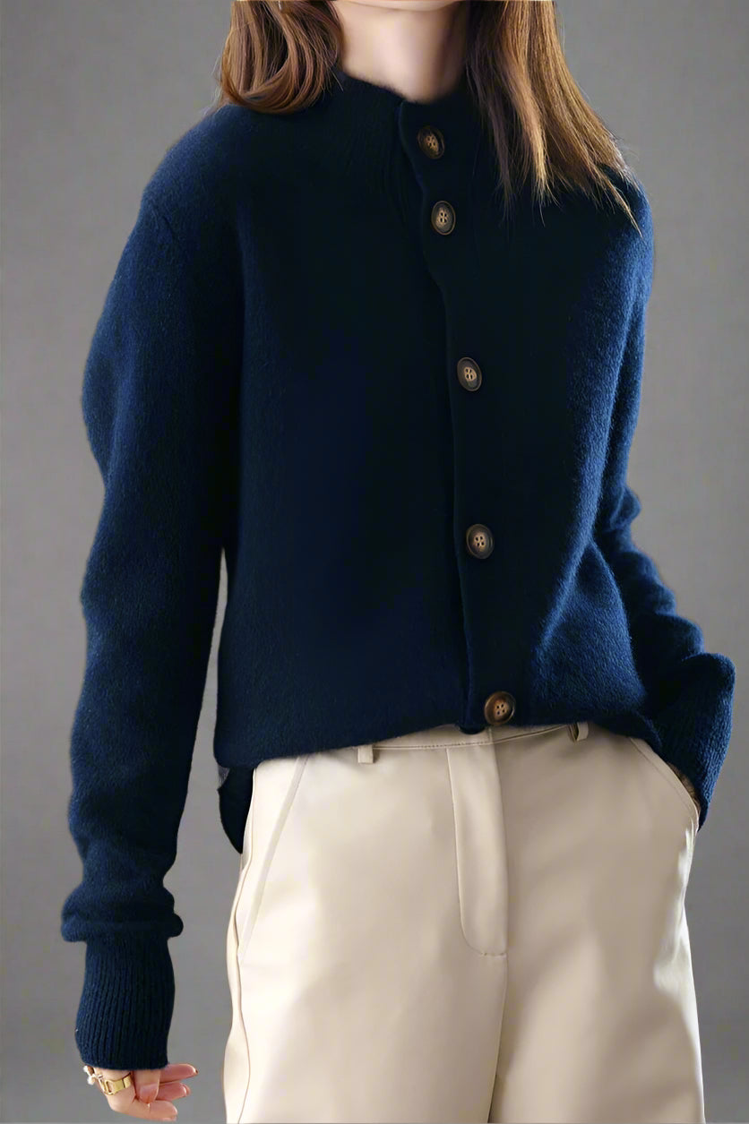 Cardigan in Cashmere Wool Blend with Statement Buttons and Flattering Half-High Neckline
