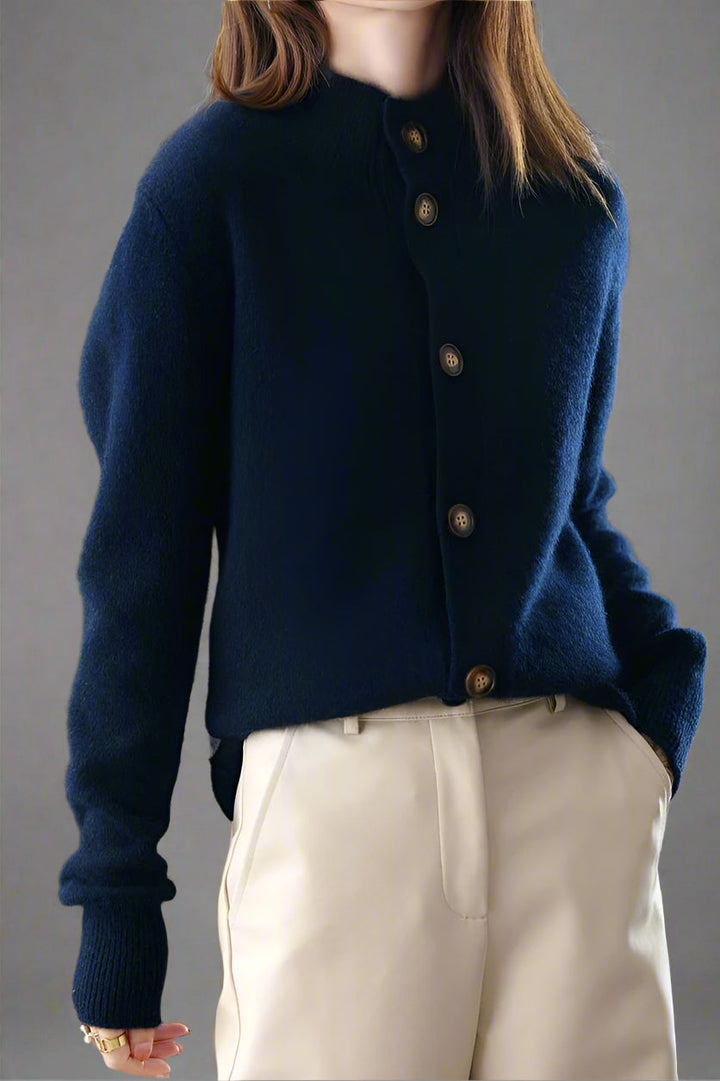 Cardigan in Cashmere Wool Blend with Statement Buttons and Flattering Half-High Neckline