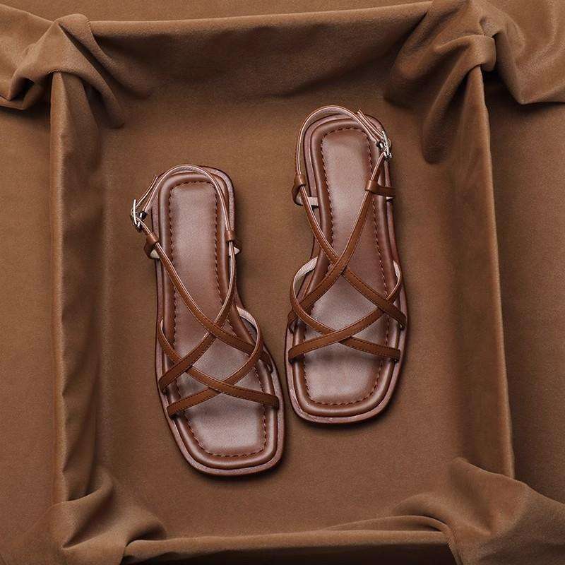 Leather Strap Sandals with Cushioned Footbed, Adjustable Gold Buckle and Low Stacked Heel