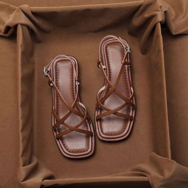 Leather Strap Sandals with Cushioned Footbed, Adjustable Gold Buckle and Low Stacked Heel