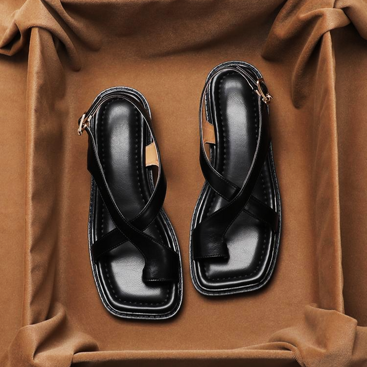 Leather Cross-Strap Sandals with Cushioned Footbed and Low Heel, Women's