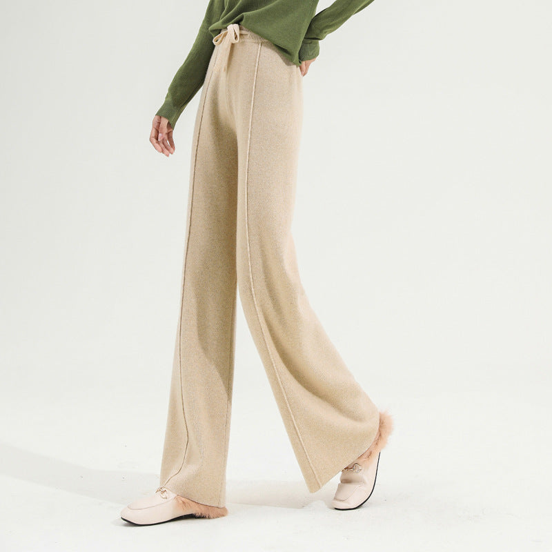 Wide-Leg Merino Wool Trousers with High-Waist Elastic Drawstring Waistband