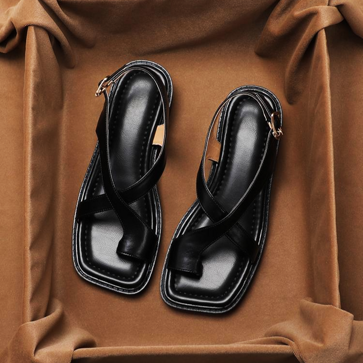 Leather Cross-Strap Sandals with Cushioned Footbed and Low Heel, Women's