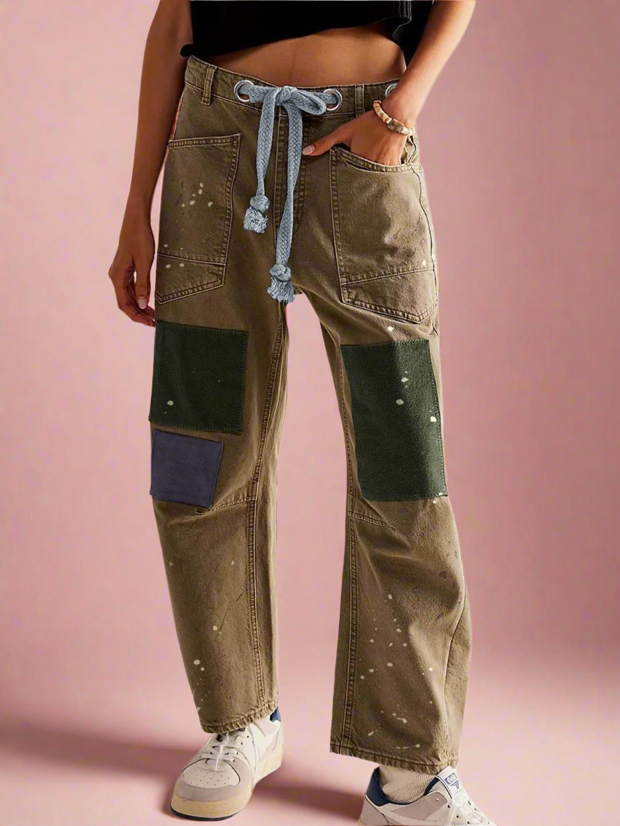 Utility Jeans with Paint-Speckled Wash, Rope Drawcord Waist, and 100% Cotton Denim