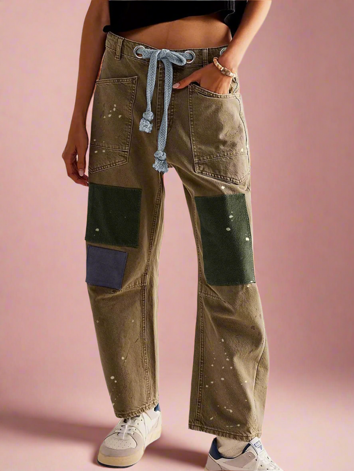 Utility Jeans with Paint-Speckled Wash, Rope Drawcord Waist, and 100% Cotton Denim