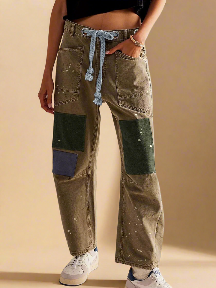 Utility Jeans with Paint-Speckled Wash, Rope Drawcord Waist, and 100% Cotton Denim
