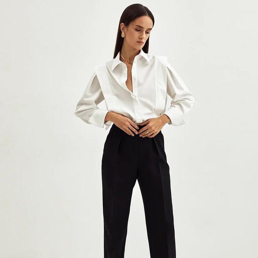 Button-Up Blouse in Crisp White Organic Cotton with Sharp Collar and Voluminous Sleeves