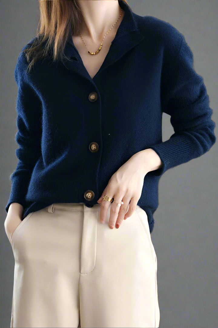 Cardigan in Cashmere Wool Blend with Statement Buttons and Flattering Half-High Neckline