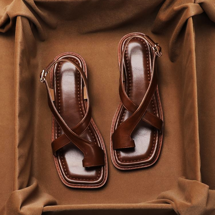 Leather Cross-Strap Sandals with Cushioned Footbed and Low Heel, Women's