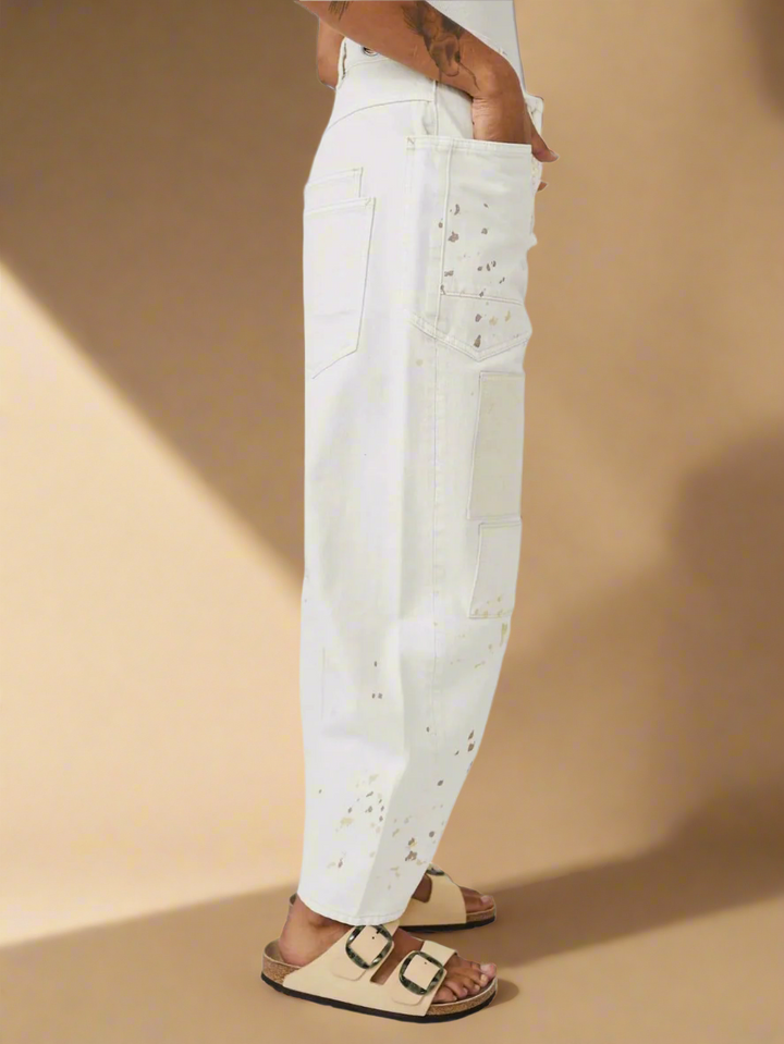 Utility Jeans with Paint-Speckled Wash, Rope Drawcord Waist, and 100% Cotton Denim