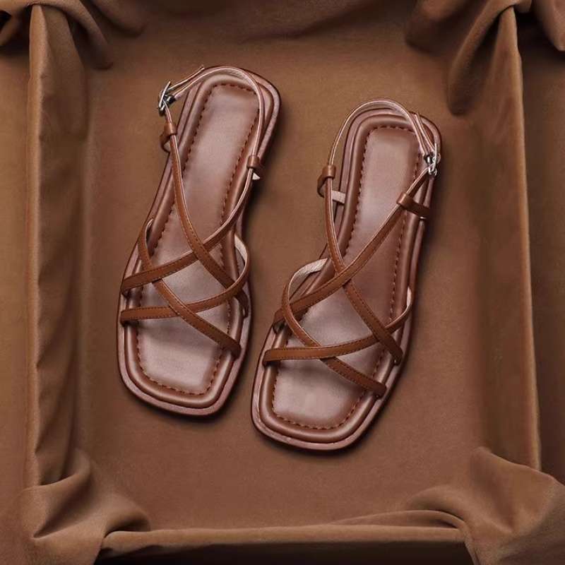 Leather Strap Sandals with Cushioned Footbed, Adjustable Gold Buckle and Low Stacked Heel