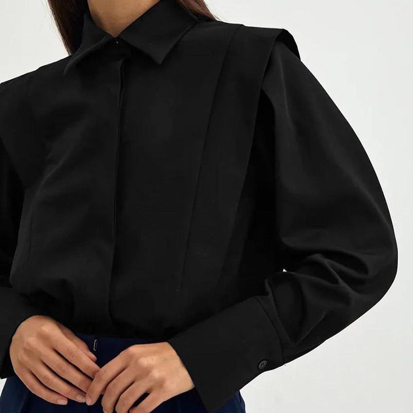 Button-Up Blouse in Crisp White Organic Cotton with Sharp Collar and Voluminous Sleeves