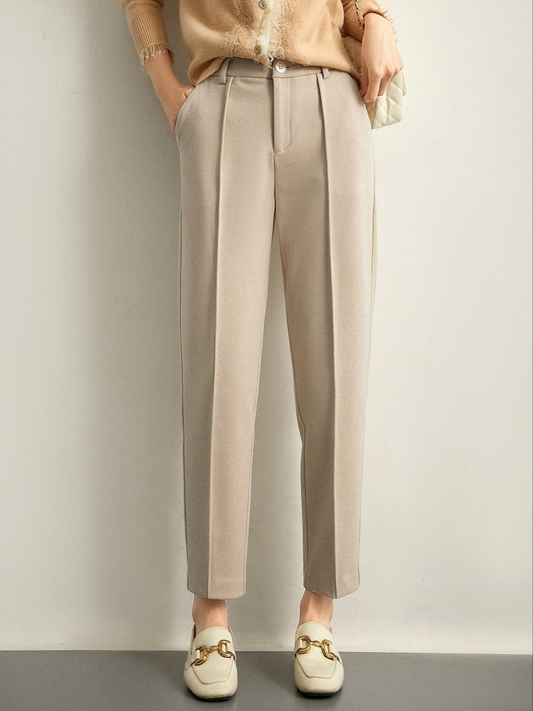 Tapered Wool-Blend Trousers with High-Waist Fit, Slim Silhouette, and Soft Woolen Touch in Khaki