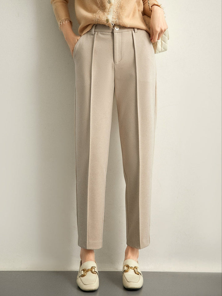 Tapered Wool-Blend Trousers with High-Waist Fit, Slim Silhouette, and Soft Woolen Touch in Khaki