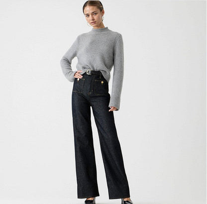 Wide-Leg Jeans with Front Button Pockets, High-Waisted Cypress Cotton Denim