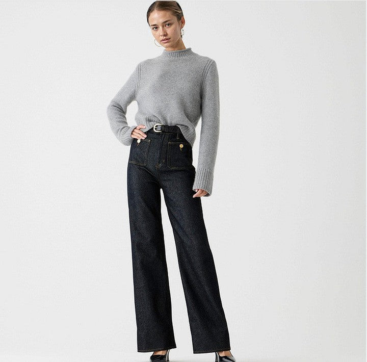 Wide-Leg Jeans with Front Button Pockets, High-Waisted Cypress Cotton Denim