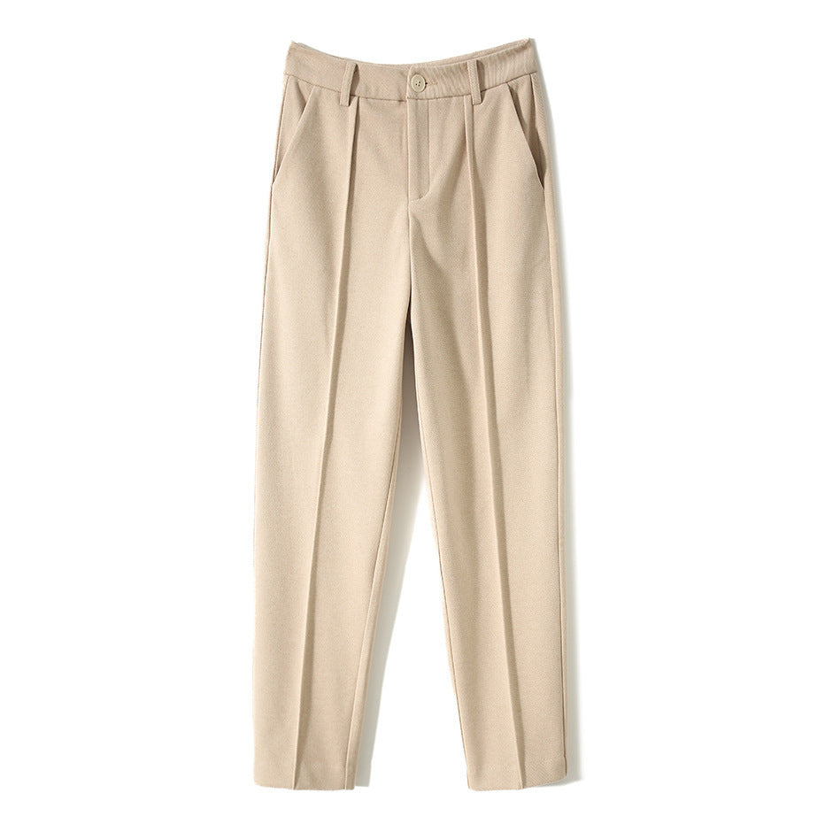 Tapered Wool-Blend Trousers with High-Waist Fit, Slim Silhouette, and Soft Woolen Touch in Khaki