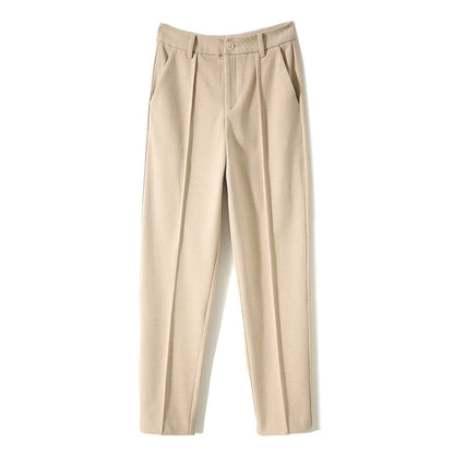 Tapered Wool-Blend Trousers with High-Waist Fit, Slim Silhouette, and Soft Woolen Touch in Khaki