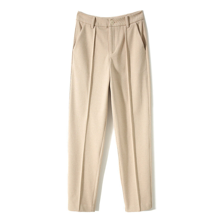 Tapered Wool-Blend Trousers with High-Waist Fit, Slim Silhouette, and Soft Woolen Touch in Khaki